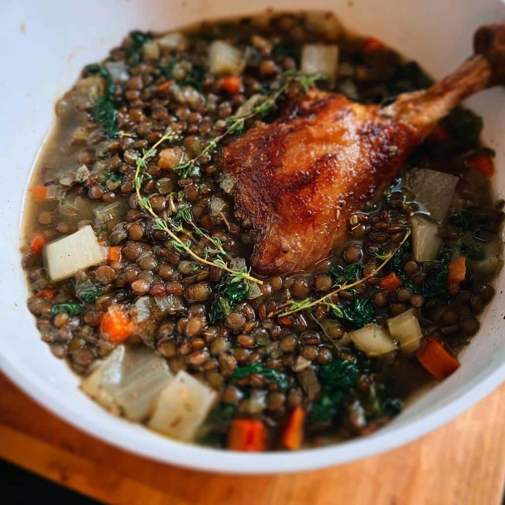 A close-up of a rich Duck Lentil Winter Power Dish topped with a perfectly seared duck leg and fresh thyme.