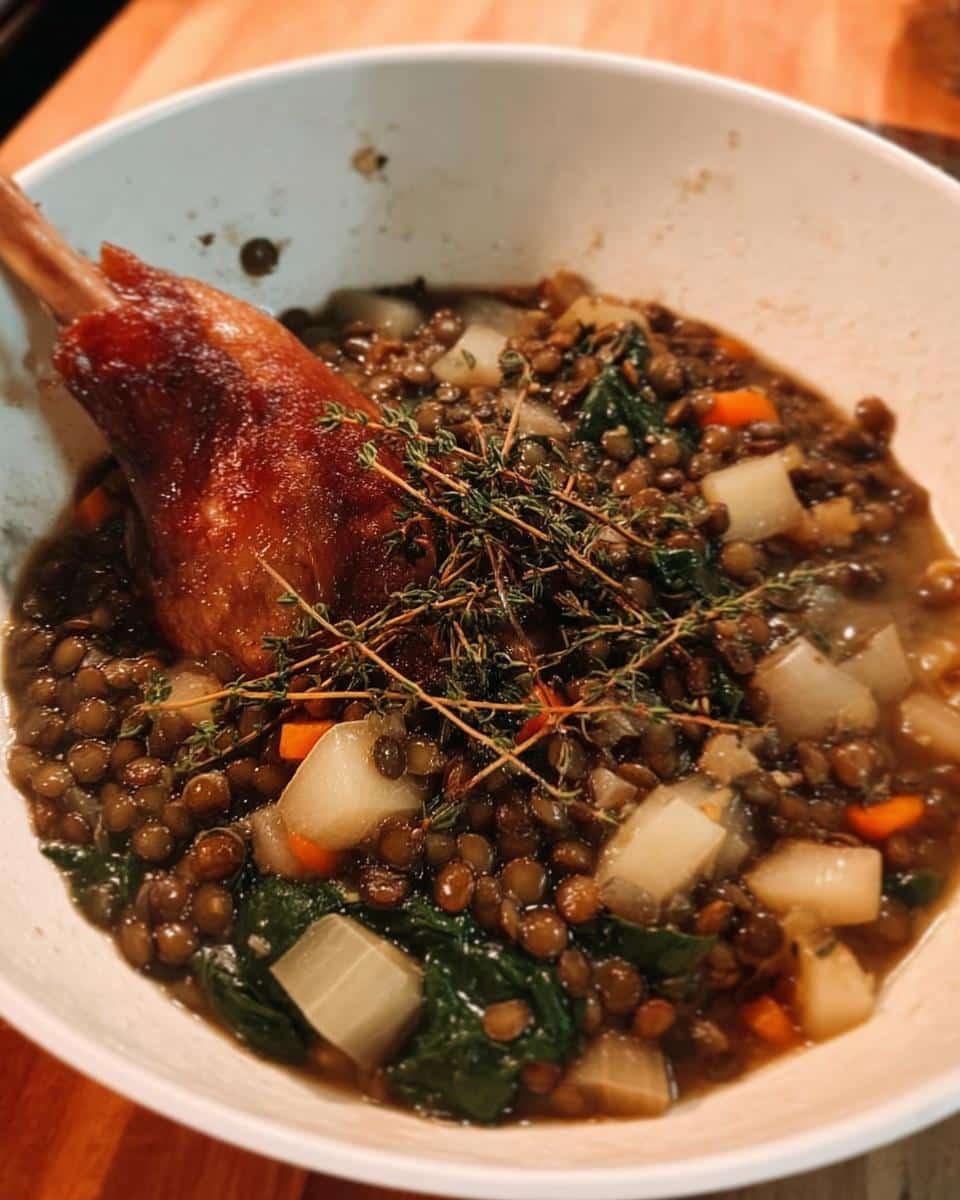Close-up of a hearty Duck Lentil Winter Power Dish featuring a roasted duck leg, lentils, root vegetables, and fresh thyme.