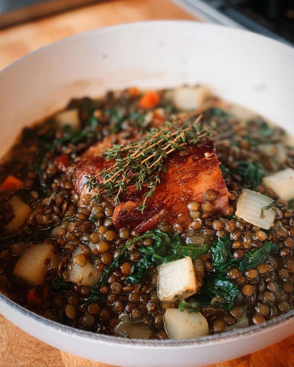 A hearty Duck Lentil Winter Power Dish featuring a piece of glazed duck meat topped with fresh thyme, served over brown lentils and vegetables.
