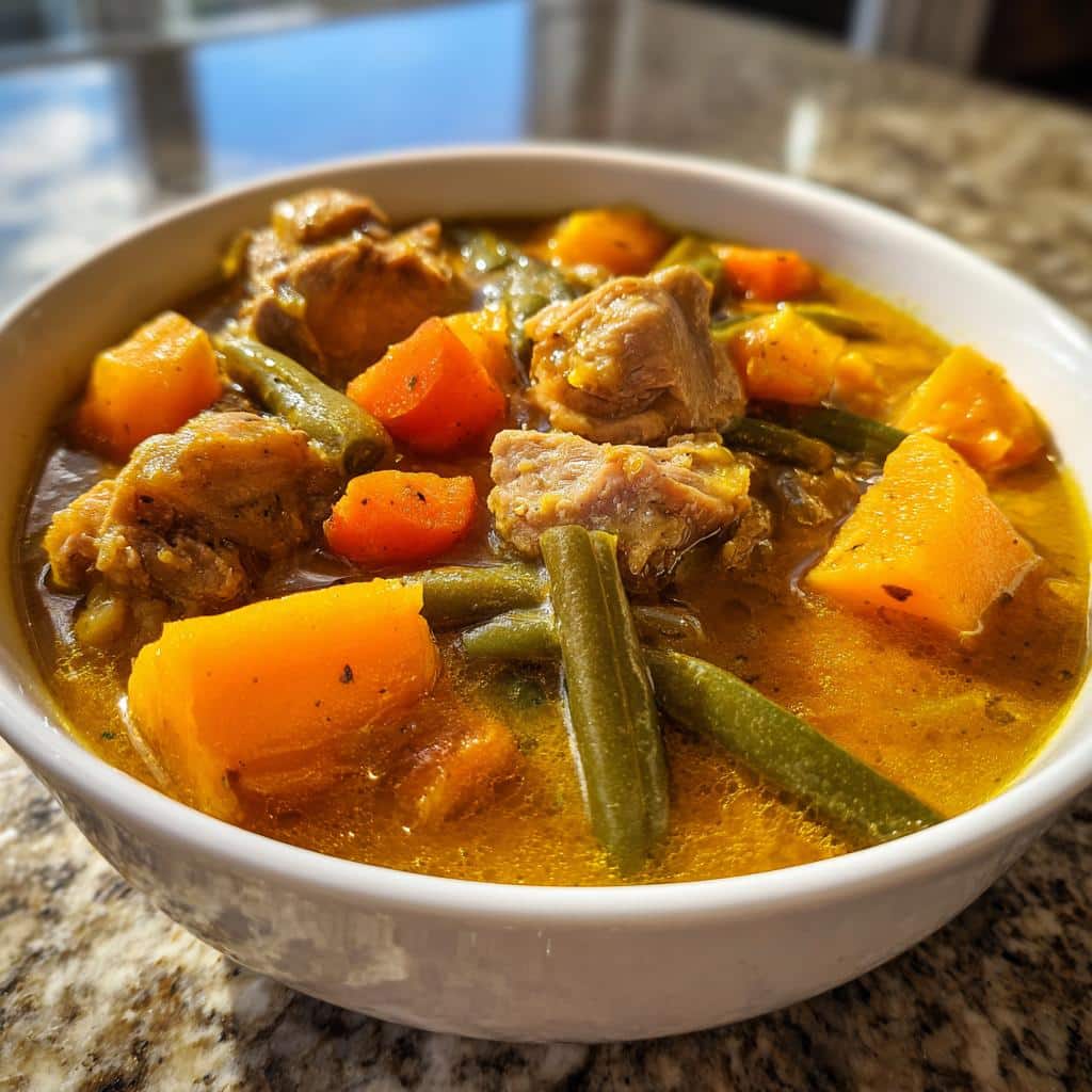 Close-up of a white bowl filled with hearty Duck Pumpkin Grain-Free Dog Stew, showing chunks of duck, orange pumpkin, and green beans.