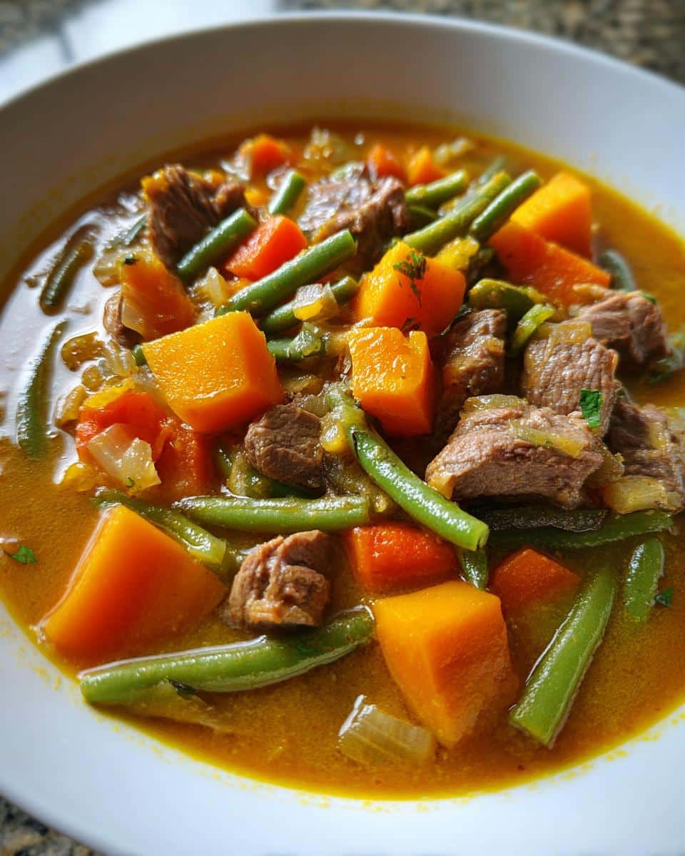 Close-up of a bowl filled with hearty Duck Pumpkin Grain-Free Dog Stew, featuring chunks of meat, bright orange pumpkin, and green beans.
