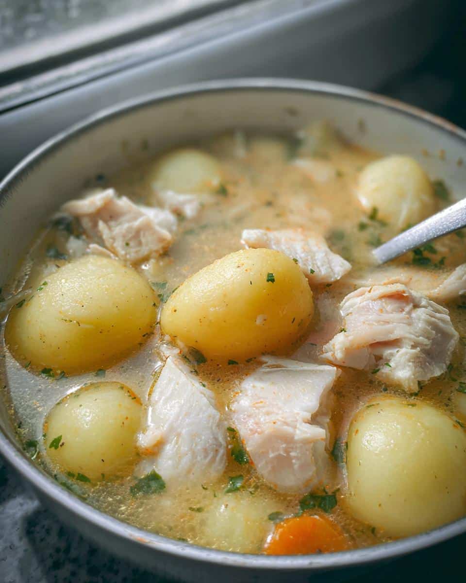 Close-up of a bowl filled with Fish and Potato Snowy Stew, featuring chunks of white fish and whole small potatoes in a savory broth.