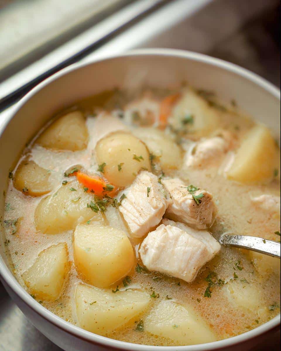 Close-up of a creamy Fish and Potato Snowy Stew featuring chunks of white fish and large potato pieces.