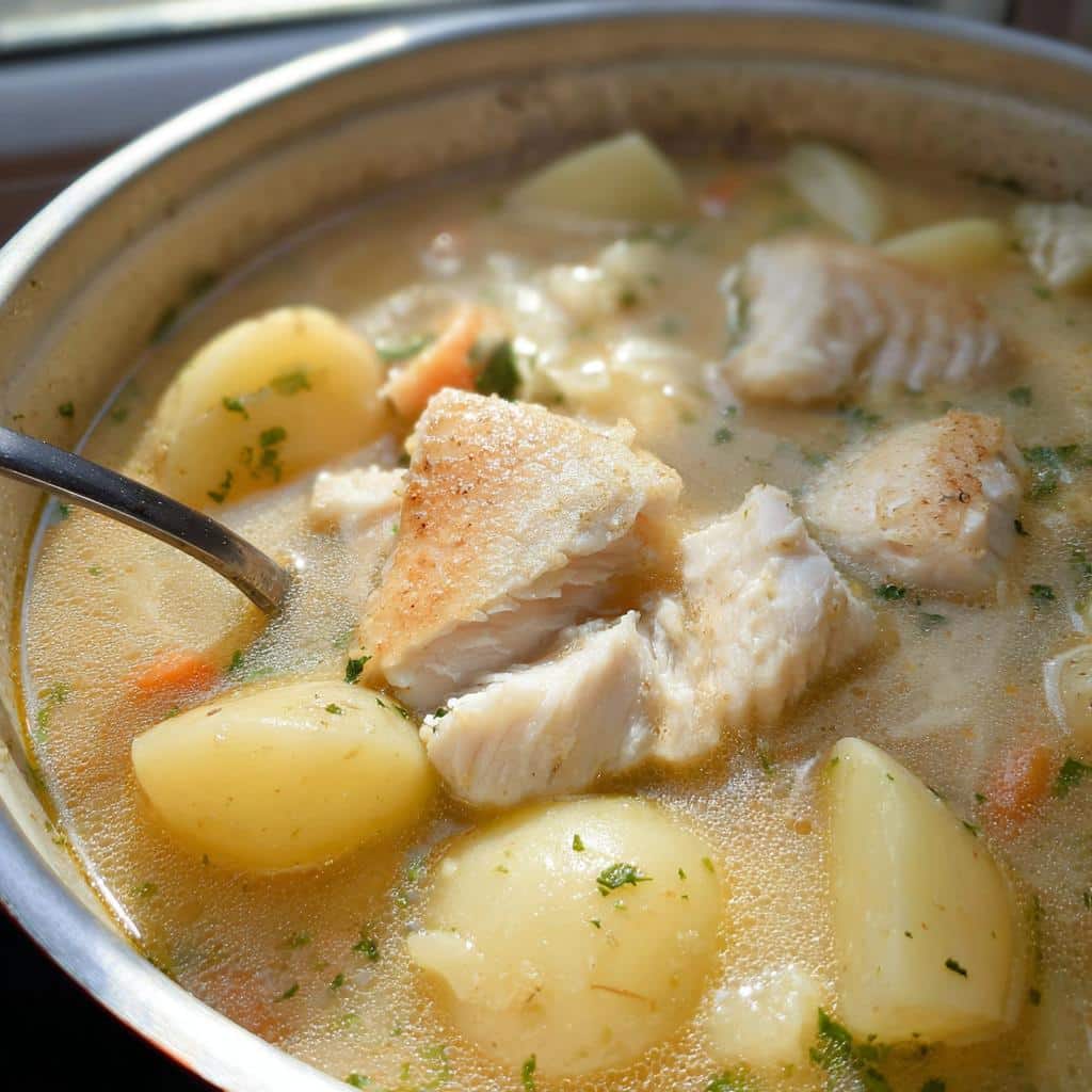Close-up of chunks of white fish and boiled potatoes in a creamy broth, representing Fish and Potato Snowy Stew.