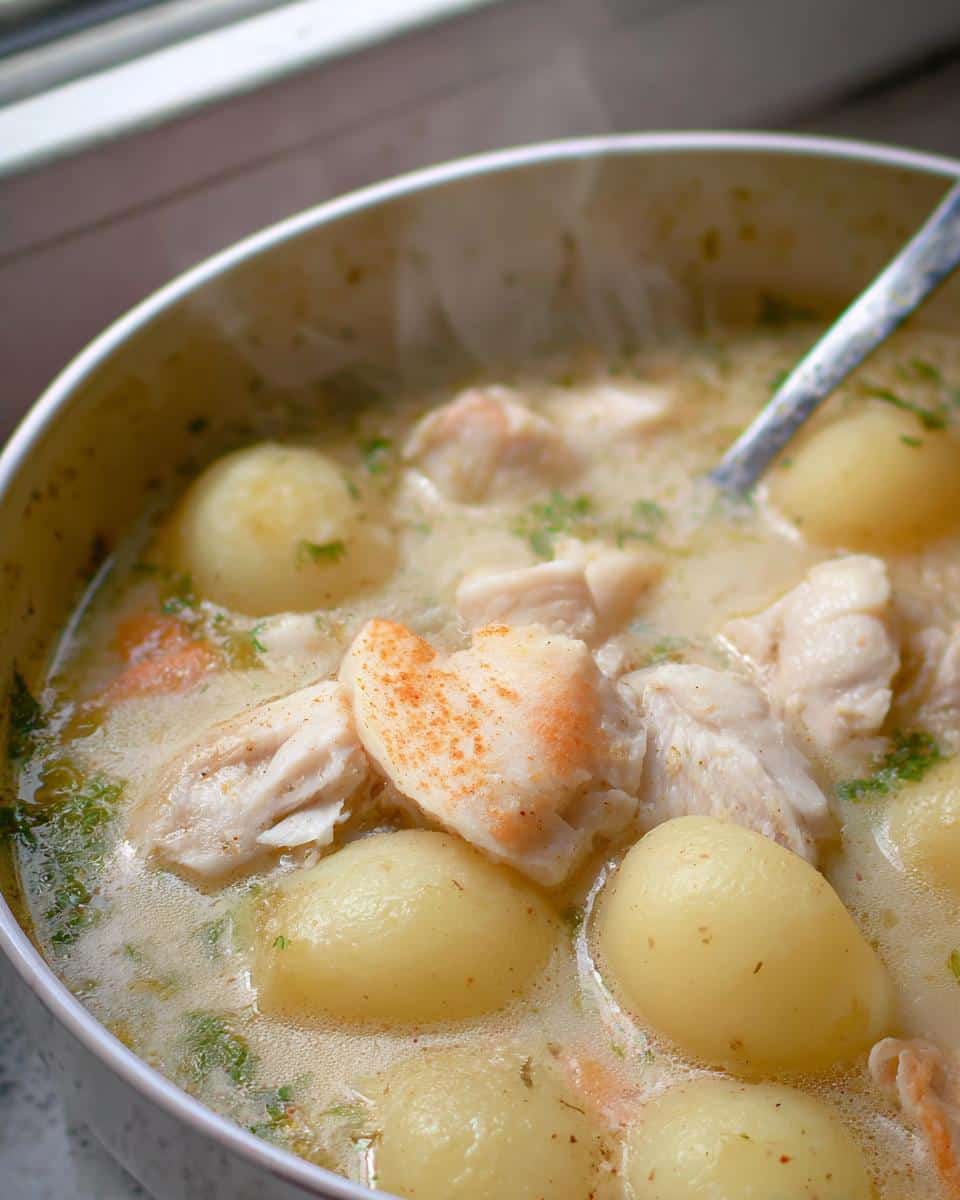 Close-up of steaming Fish and Potato Snowy Stew with chunks of white fish and small yellow potatoes in a creamy broth.