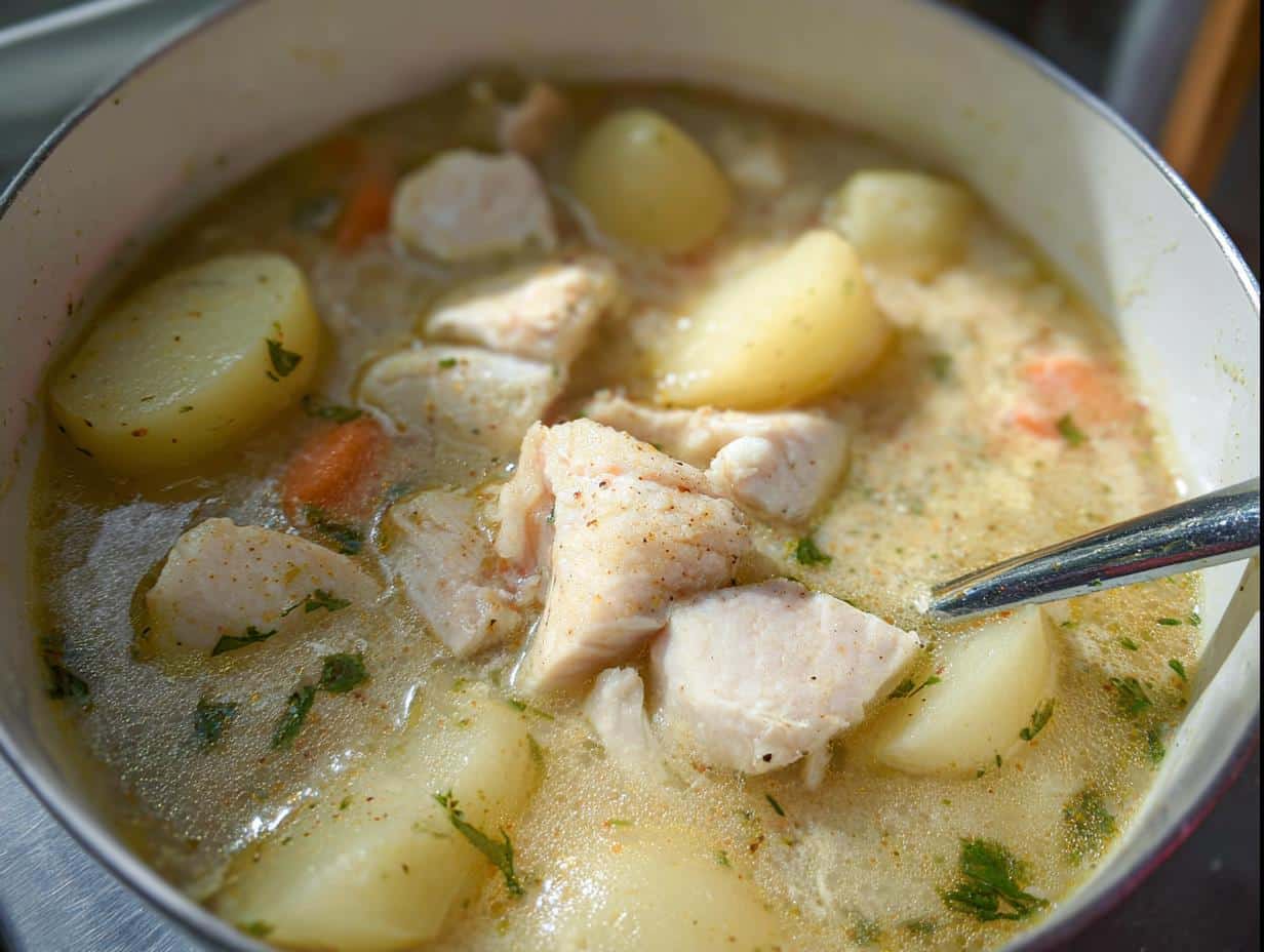 Close-up of chunks of white fish and boiled potatoes simmering in a creamy broth of Fish and Potato Snowy Stew.