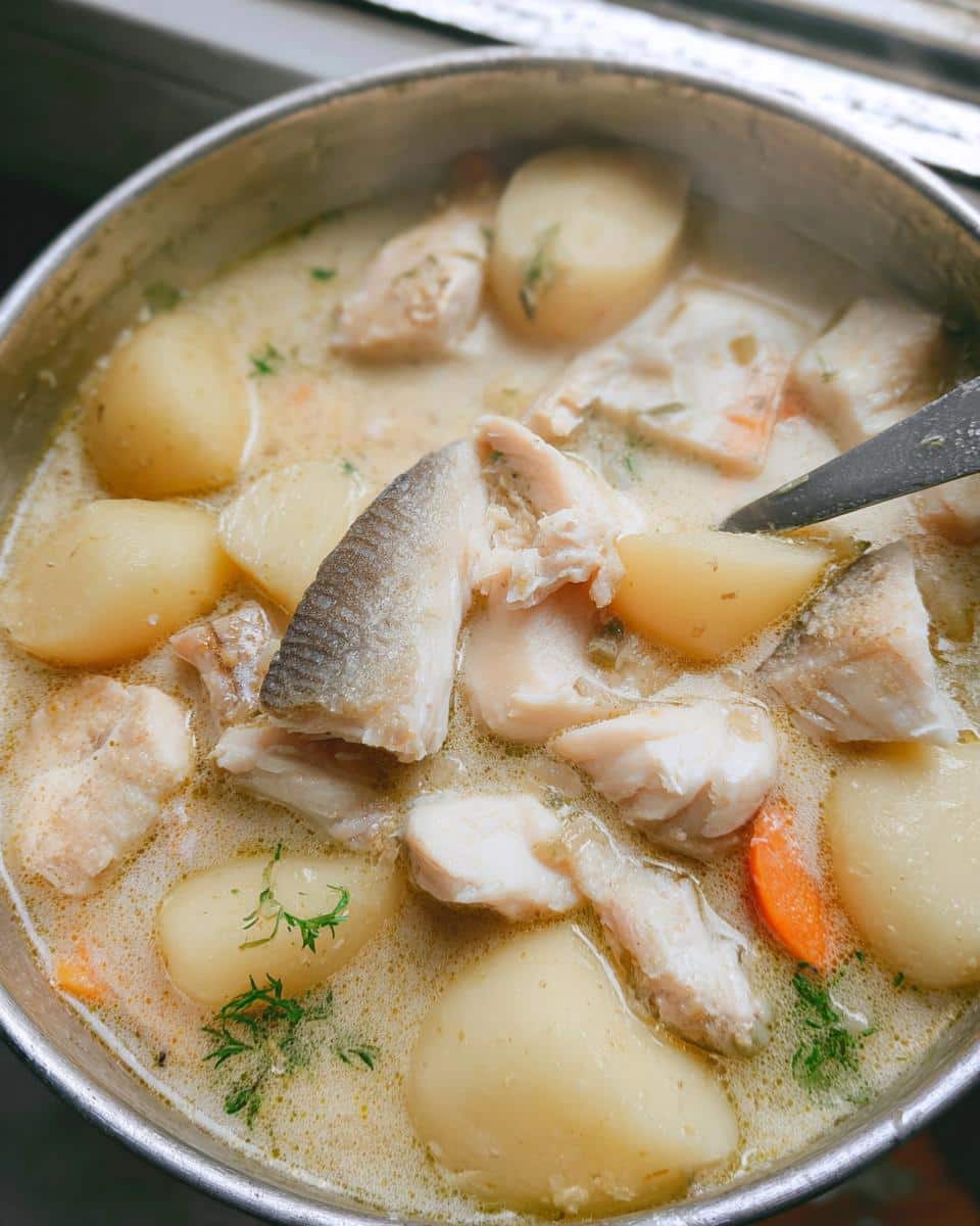 Close-up of steaming Fish and Potato Snowy Stew with chunks of white fish and whole small potatoes in a creamy broth.