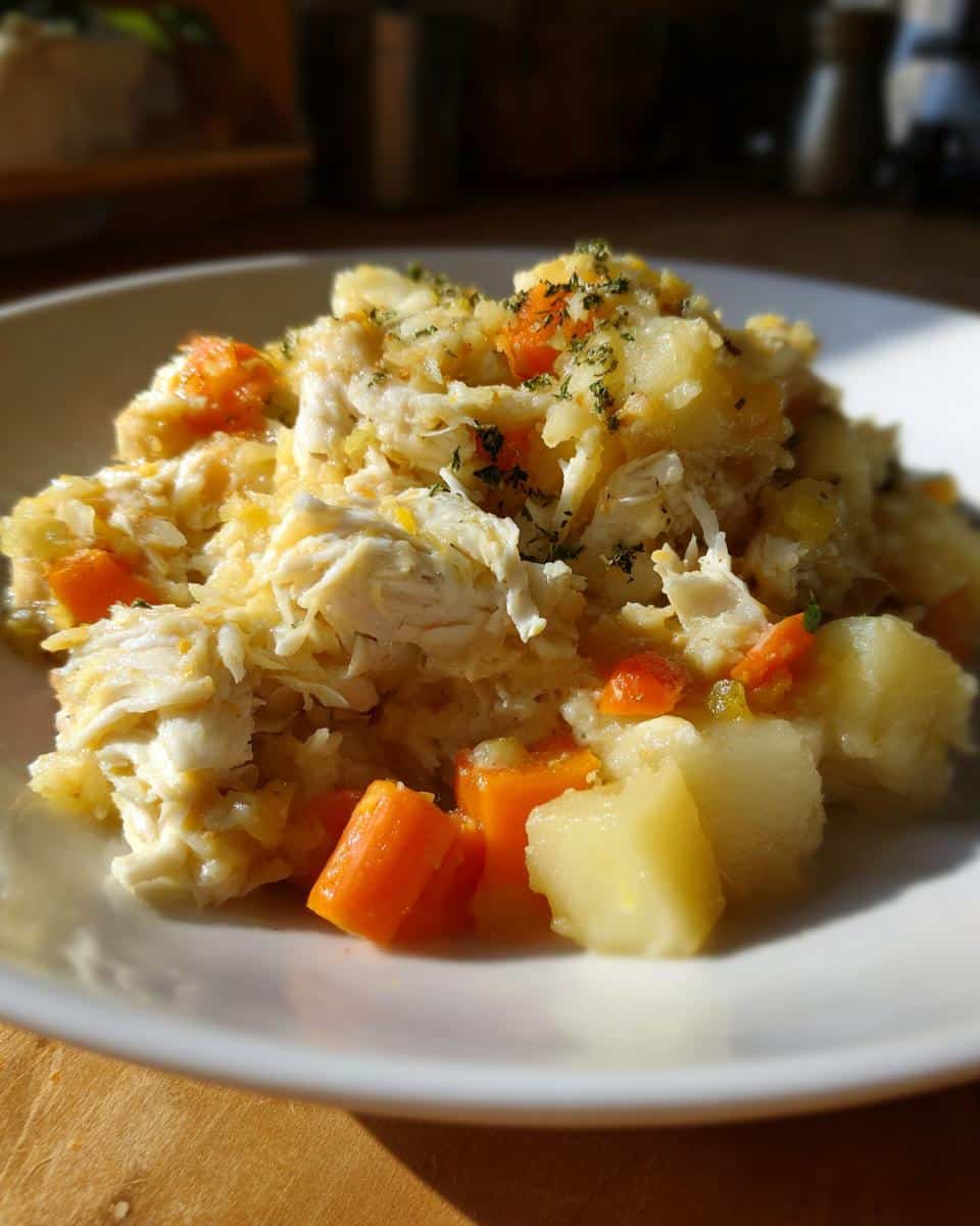 A close-up of the Fish Potato Everyday Dog Plate mixture, featuring shredded white fish, diced potatoes, and carrots, topped with herbs.