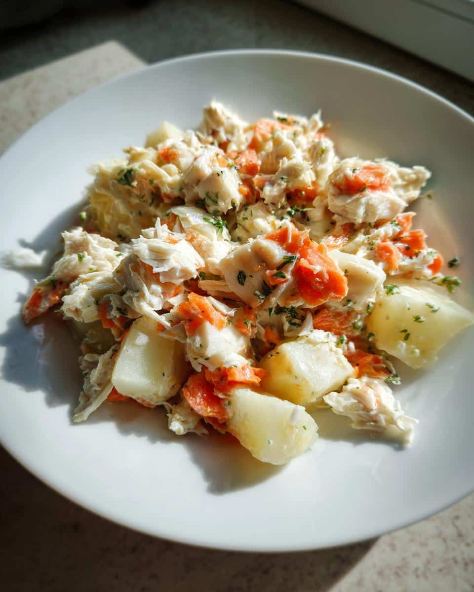 A white plate holding a serving of Fish Potato Everyday Dog Plate mix with flaked fish, diced potatoes, and orange pieces.