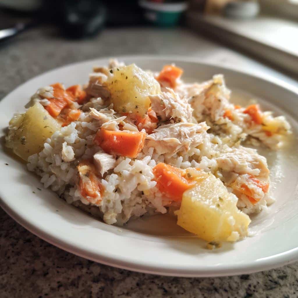 A close-up of a Fish Potato Everyday Dog Plate mixture featuring shredded fish, rice, cooked carrots, and chunks of potato.