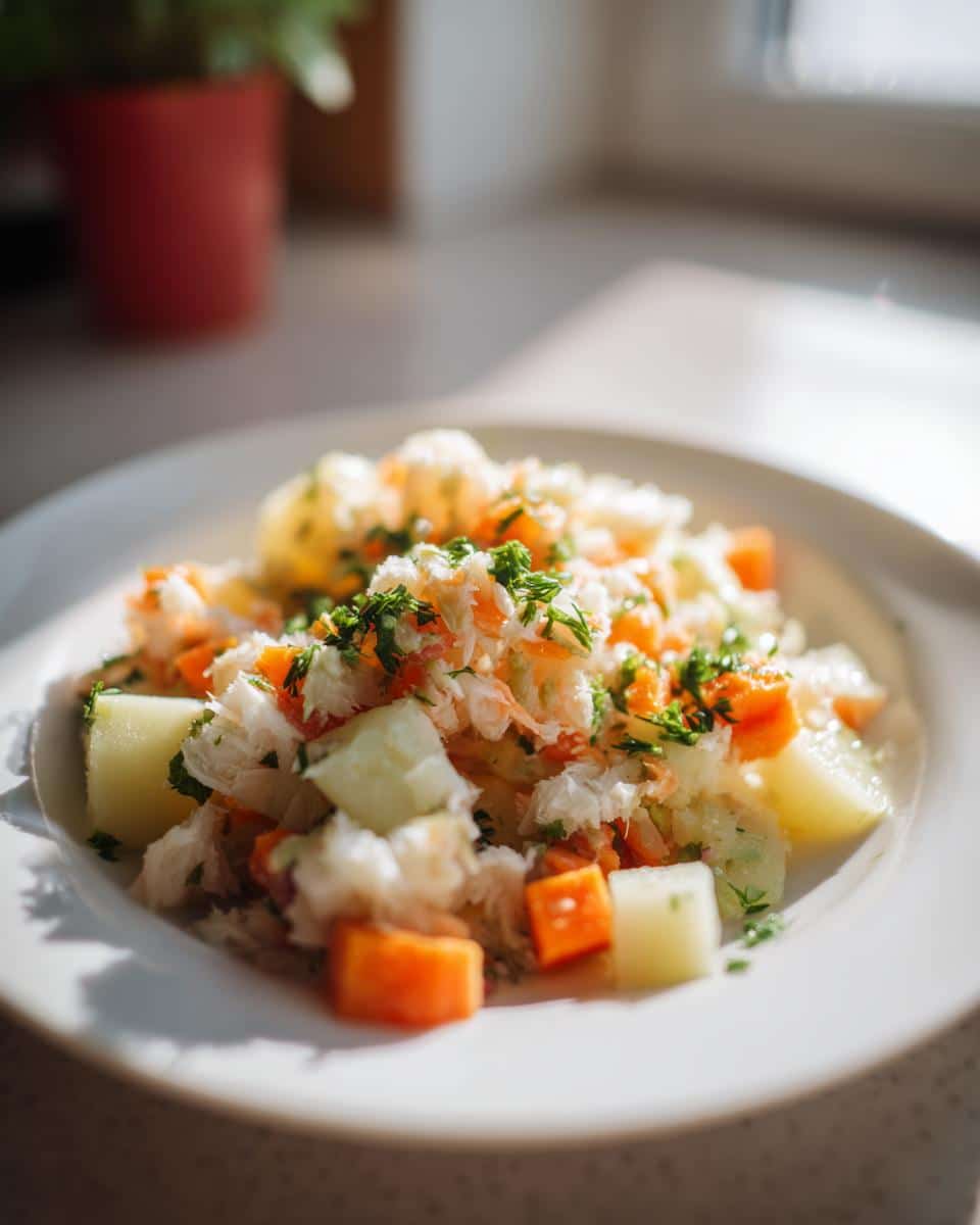 A close-up of a Fish Potato Everyday Dog Plate featuring shredded white fish, diced potatoes, and carrots, topped with fresh parsley.