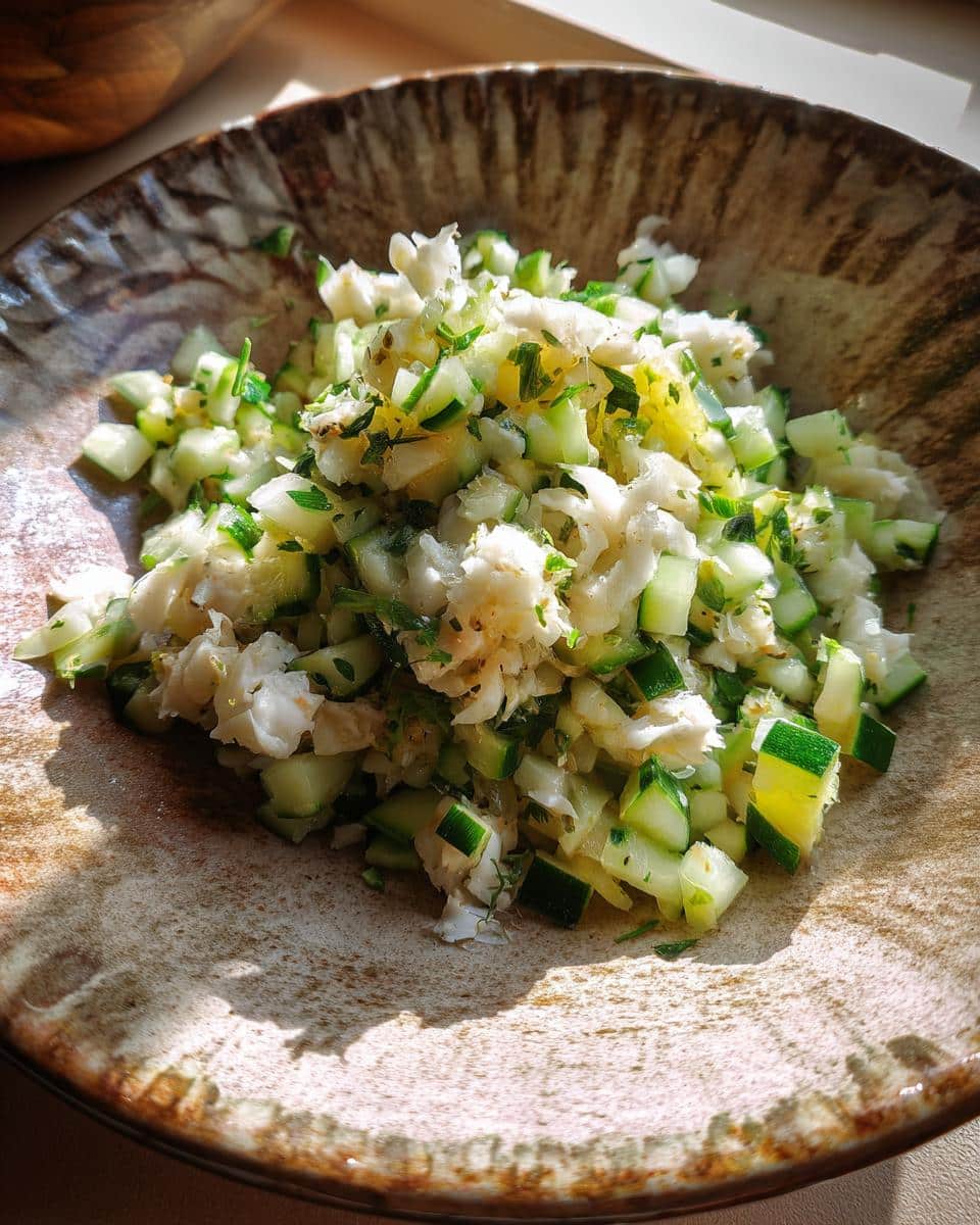 Close-up of flaked white fish mixed with diced green zucchini and herbs, part of a Fish Zucchini Everyday Dog Dish.