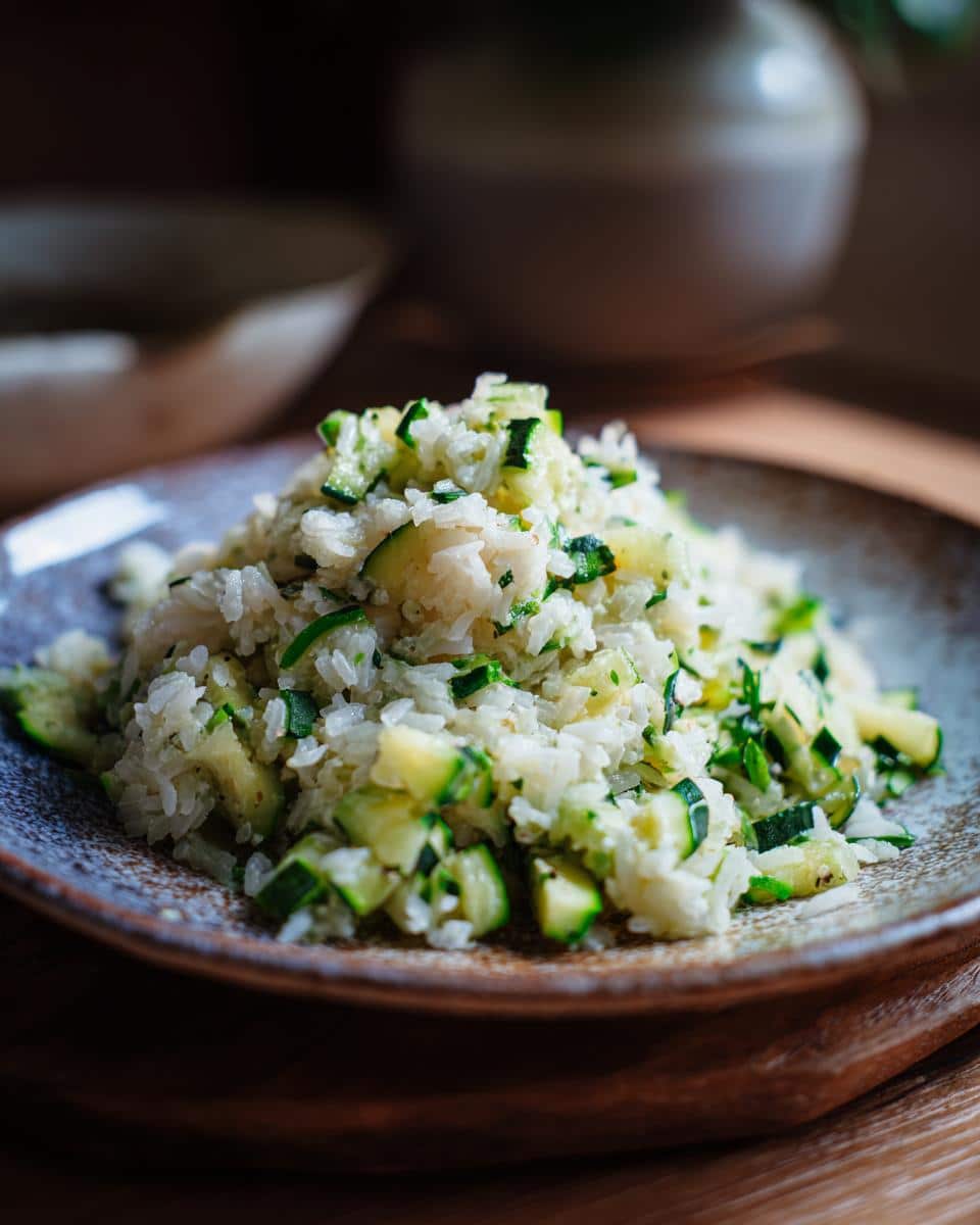 Close-up of white rice mixed with diced green zucchini, resembling a Fish Zucchini Everyday Dog Dish base.