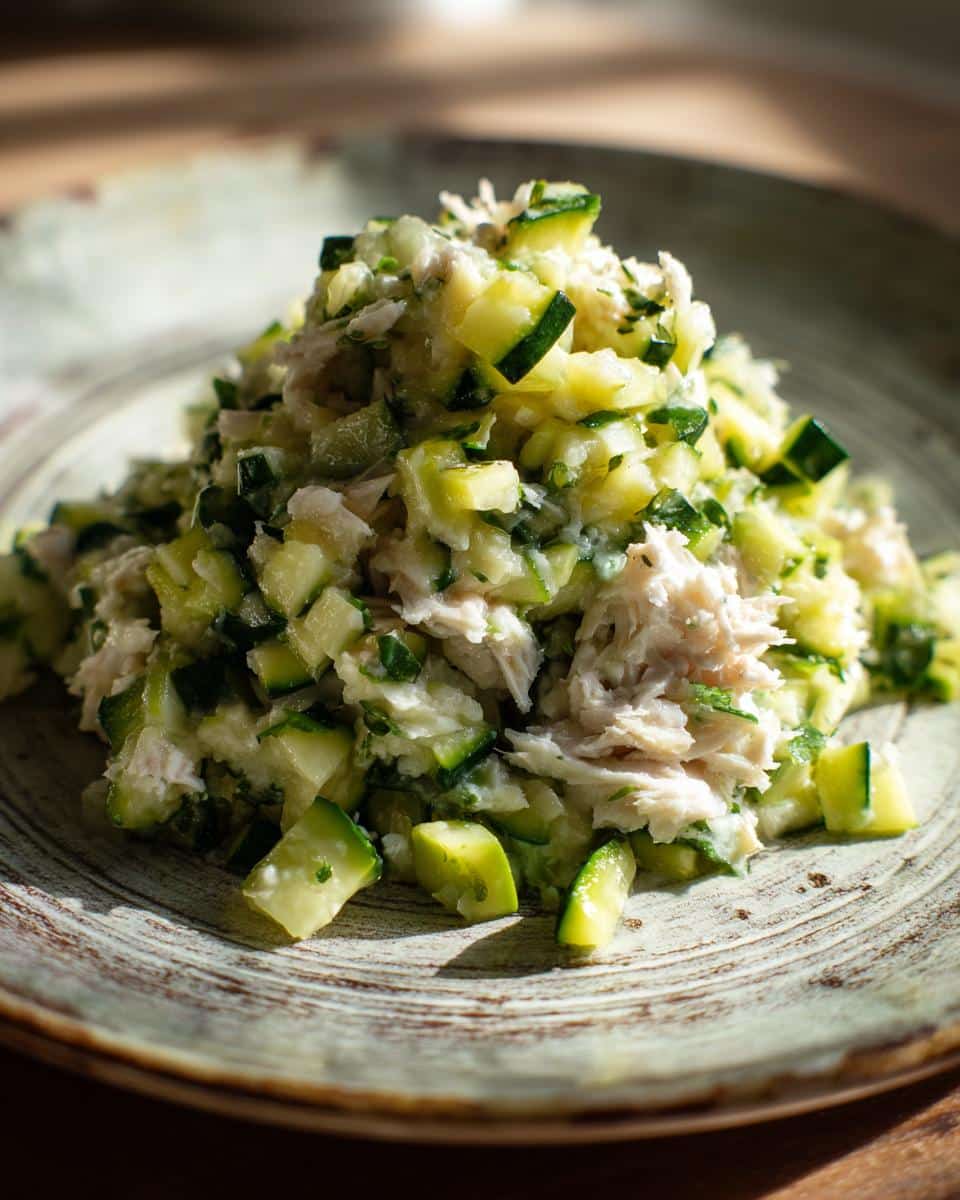 A mound of Fish Zucchini Everyday Dog Dish made with flaked white fish and diced green zucchini on a rustic plate.