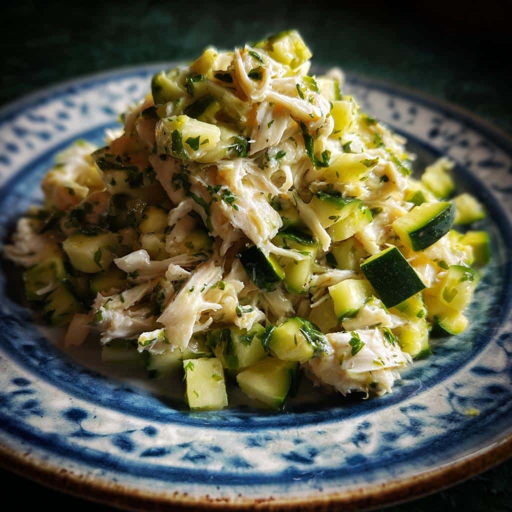 A serving of the Fish Zucchini Everyday Dog Dish featuring shredded fish mixed with diced zucchini and herbs.