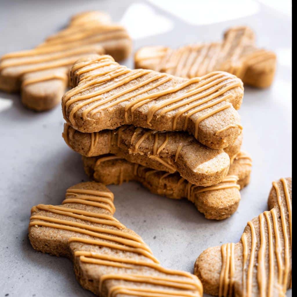 A stack of bone-shaped Ginger-Free Pup Cookie Bones drizzled with peanut butter icing.