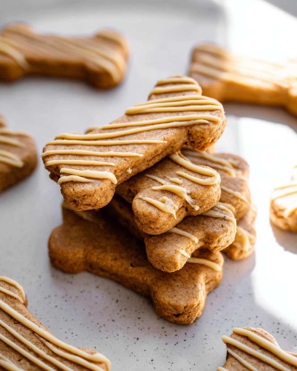 A stack of freshly baked, bone-shaped Ginger-Free Pup Cookie Bones drizzled with light-colored icing.