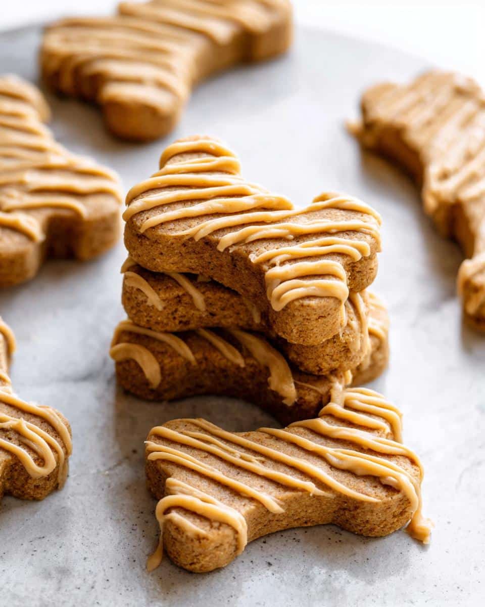 A stack of bone-shaped Ginger-Free Pup Cookie Bones drizzled with light brown icing.