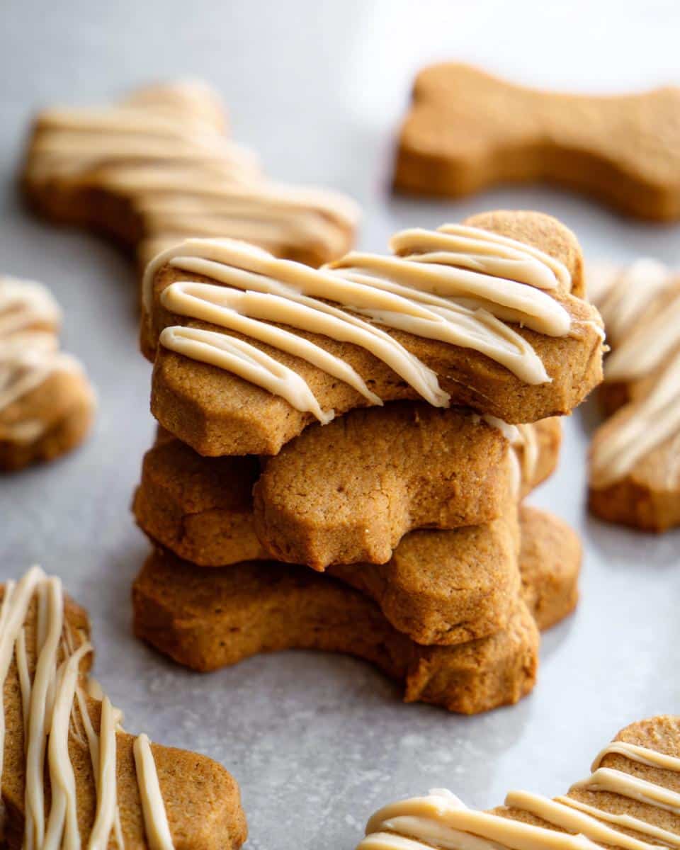 A stack of four bone-shaped Ginger-Free Pup Cookie Bones, drizzled with light tan icing.