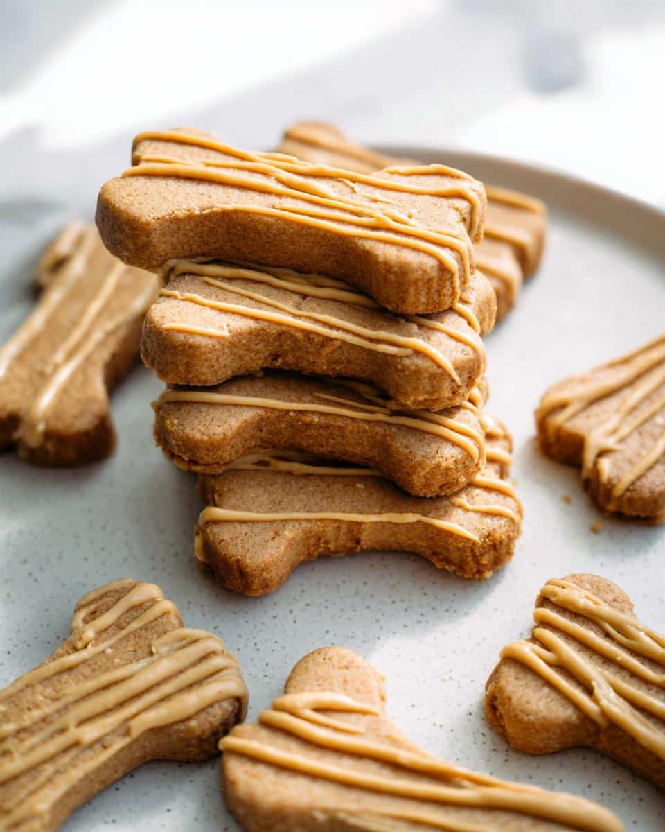 Stack of bone-shaped Ginger-Free Pup Cookie Bones drizzled with peanut butter icing on a light surface.