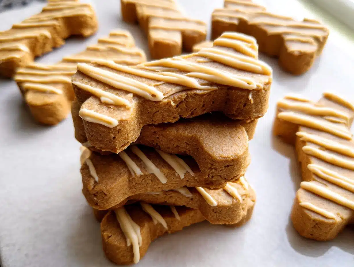 A stack of three bone-shaped Ginger-Free Pup Cookie Bones, drizzled with light icing, surrounded by more cookies.
