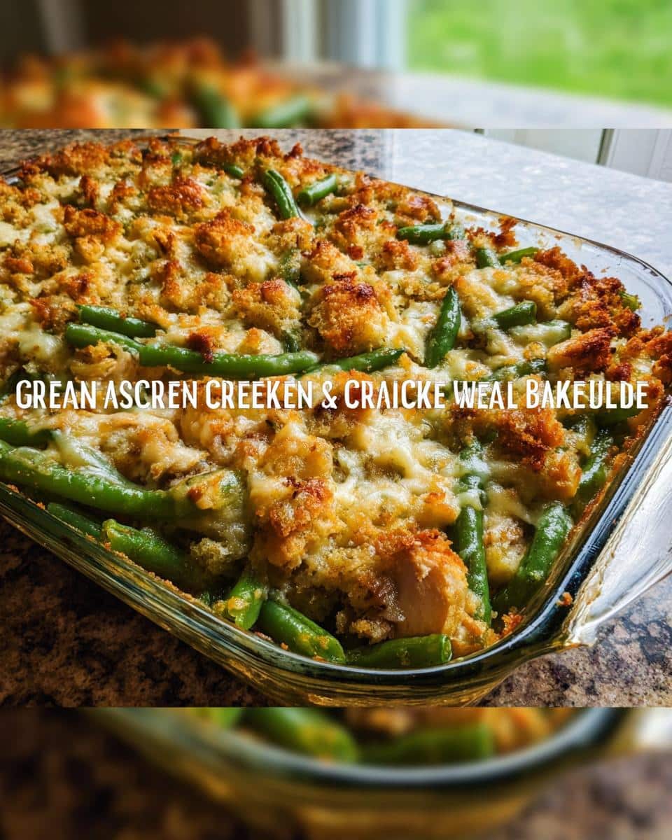A baked casserole dish filled with green beans, chicken pieces, and a crispy, golden-brown topping, representing a Green Bean Chicken Pup Plate.