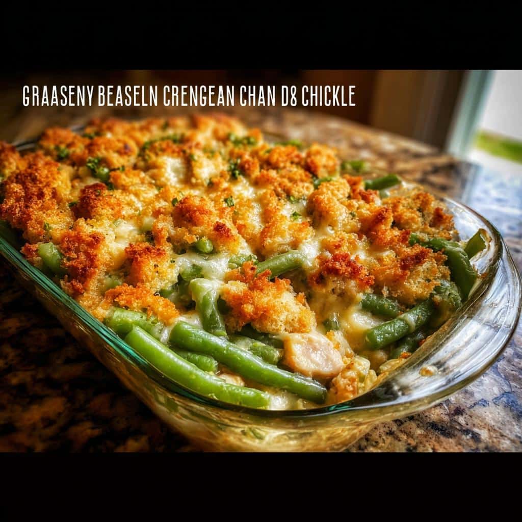 Close-up of a baked Green Bean Chicken Pup Plate casserole with creamy sauce and crispy breadcrumb topping.