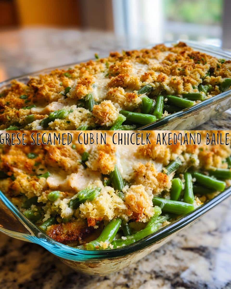 A baked casserole dish filled with bright green beans, chicken pieces, and topped with a golden, crunchy breadcrumb topping, resembling a Green Bean Chicken Pup Plate.