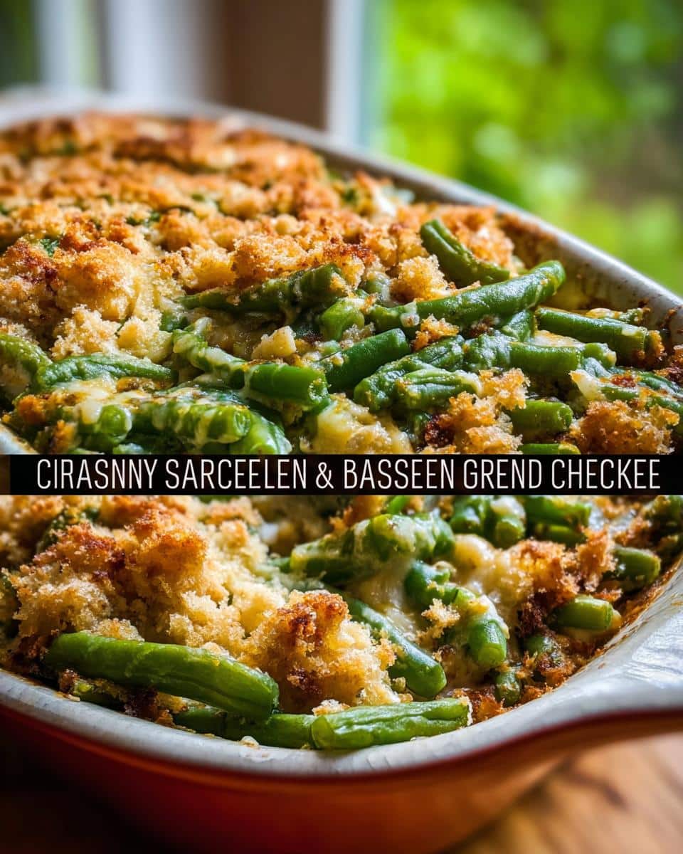Close-up of a baked casserole dish filled with green beans and a crispy, golden-brown topping, representing the Green Bean Chicken Pup Plate.