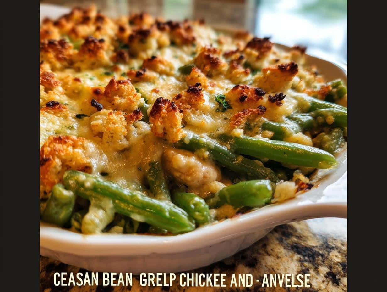 A close-up of a freshly baked Green Bean Chicken Pup Plate casserole with a golden, crunchy topping.