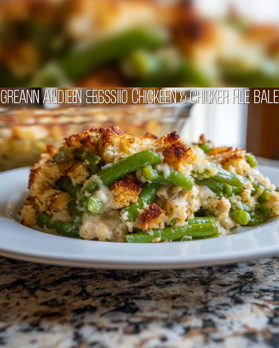 A close-up serving of Green Bean Chicken Pup Plate featuring green beans in a creamy sauce topped with crispy, golden breadcrumbs.