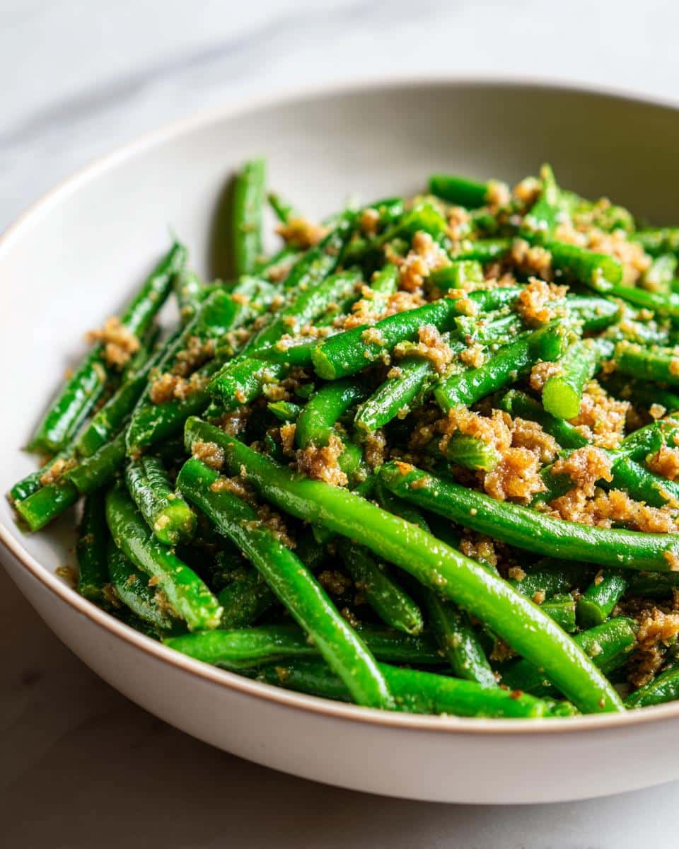 Close-up of bright green beans topped with a crumbly brown mixture, part of a Sardine Green Bean Dog Meal.