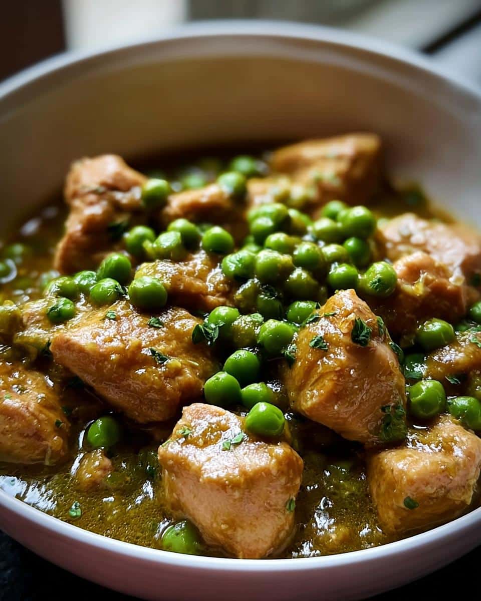 Close-up of tender chicken pieces smothered in a savory green sauce and topped with bright green peas, part of the Green Pea Chicken Balance Bowl.