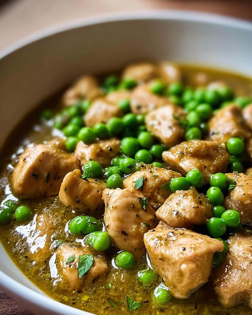 Close-up of tender chicken pieces simmered in a savory sauce with bright green peas, part of the Green Pea Chicken Balance Bowl.