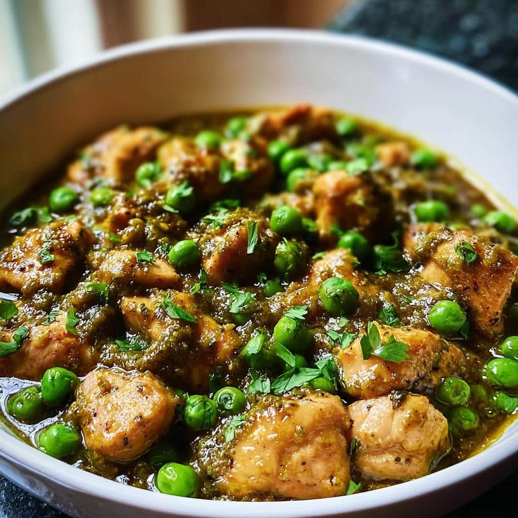 Close-up of tender chicken pieces and bright green peas in a rich green sauce, part of the Green Pea Chicken Balance Bowl.