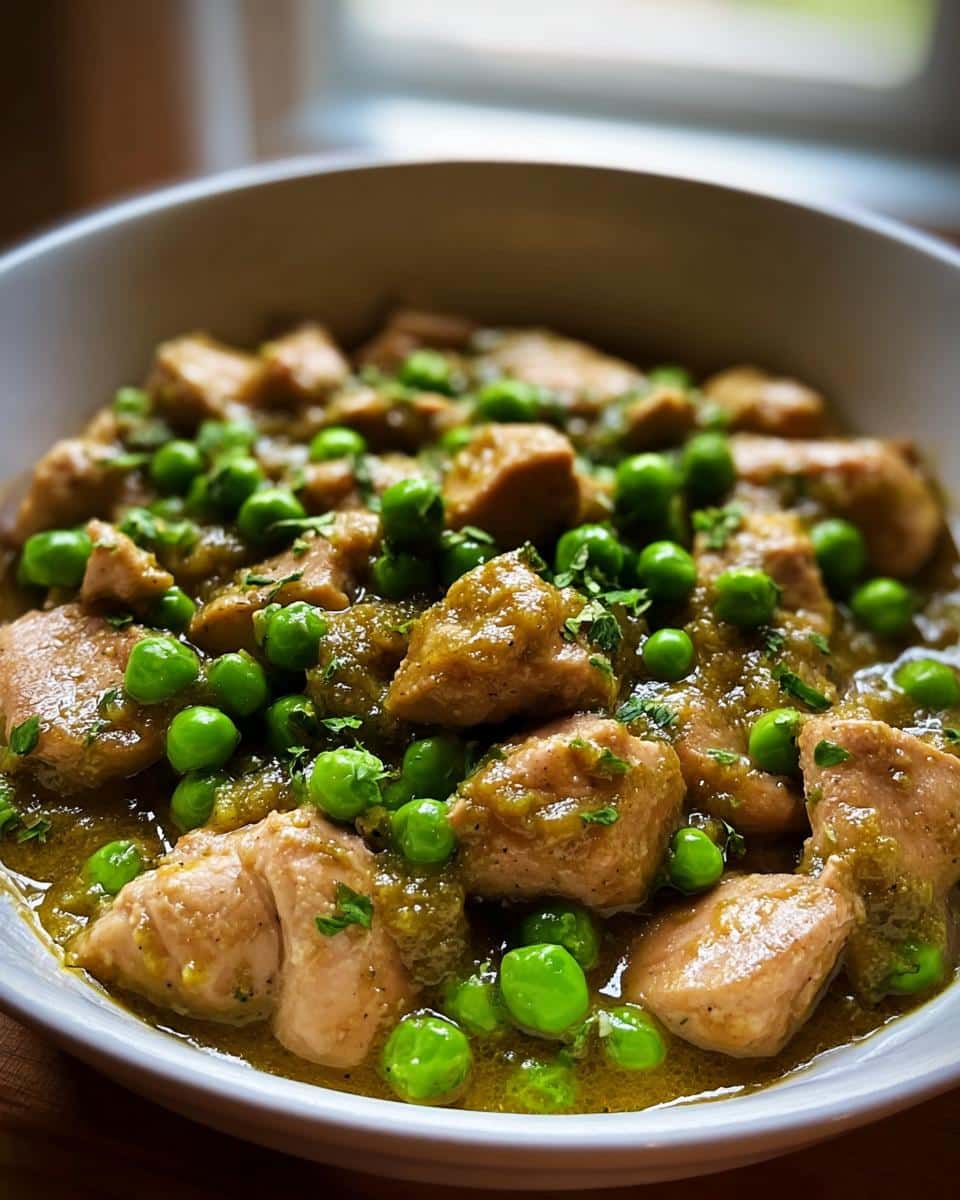 Close-up of cubed chicken pieces simmered in a green sauce with bright green peas, part of the Green Pea Chicken Balance Bowl.