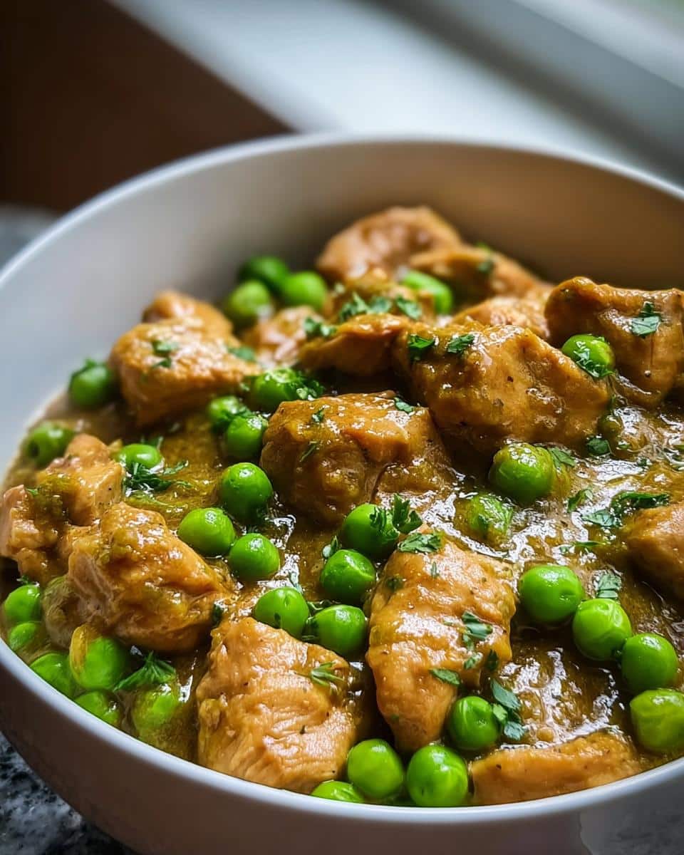 Close-up of tender chicken pieces and bright green peas coated in a savory sauce, part of the Green Pea Chicken Balance Bowl.