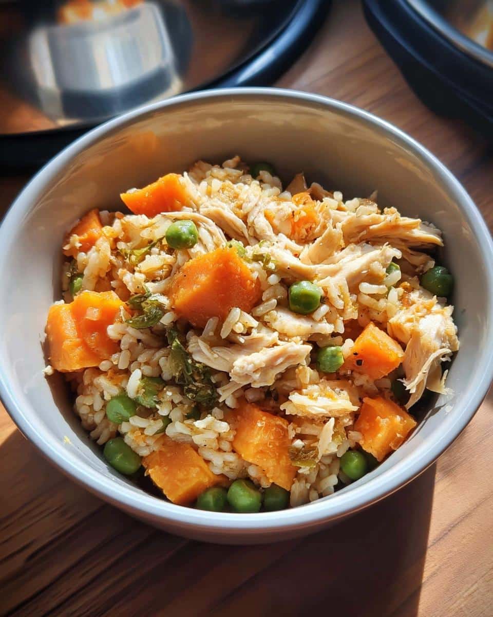 Close-up of Herb Chicken Feast for Dogs mix with shredded chicken, rice, sweet potato chunks, and peas in a light bowl.
