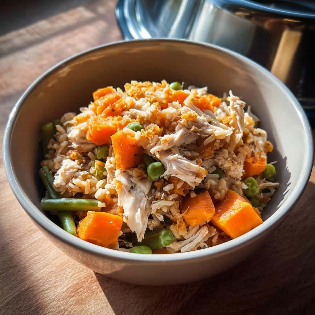 Close-up of a bowl containing shredded chicken, rice, sweet potato, peas, and green beans for a Herb Chicken Feast for Dogs.