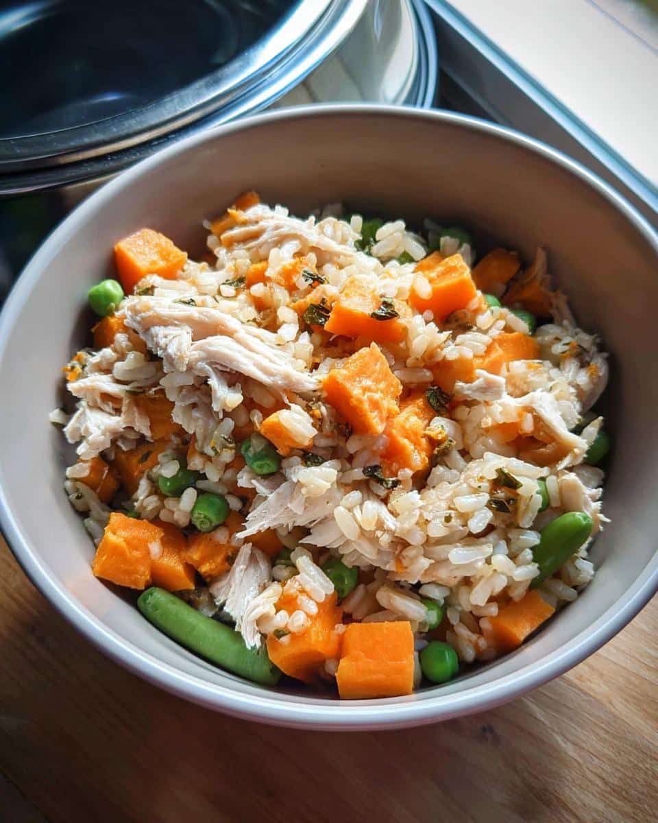 A bowl of Herb Chicken Feast for Dogs featuring shredded chicken, rice, sweet potato cubes, peas, and green beans.