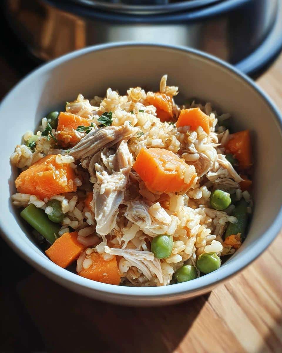 Close-up of a bowl containing Herb Chicken Feast for Dogs, mixed with brown rice, shredded chicken, sweet potato, and peas.