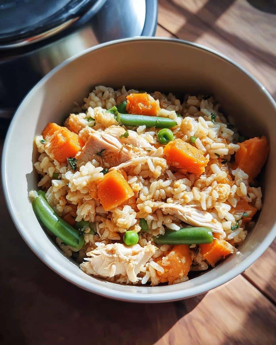 A close-up of a bowl containing Herb Chicken Feast for Dogs, mixed with rice, sweet potato, green beans, and peas.