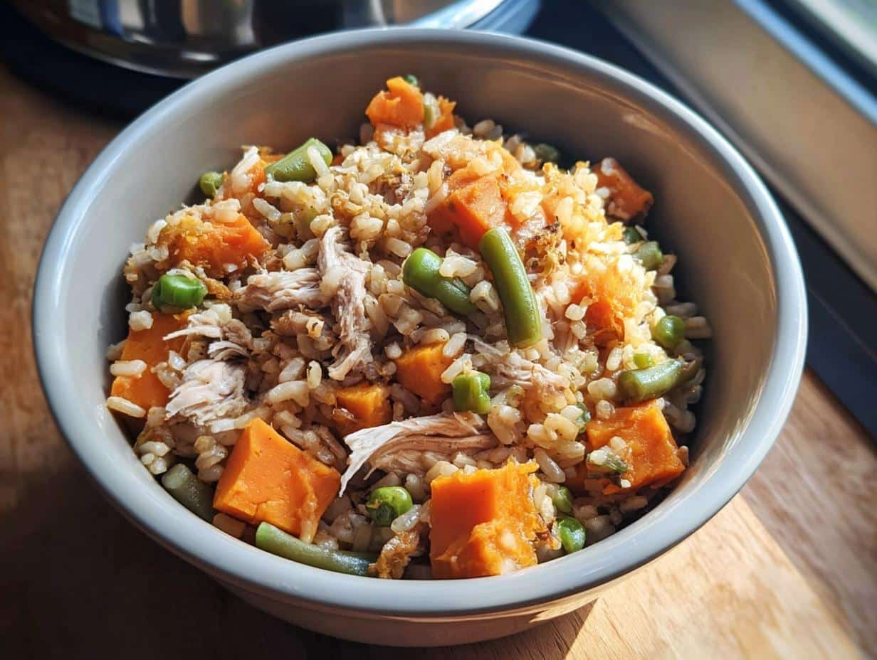 Close-up of a bowl containing Herb Chicken Feast for Dogs with shredded chicken, brown rice, sweet potato chunks, green beans, and peas.