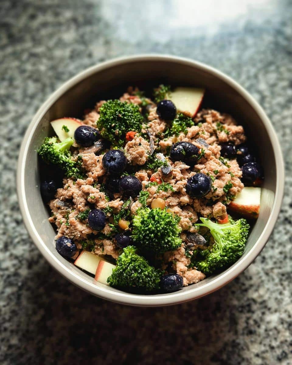 A creative Holiday Leftover Turkey Bowl featuring ground turkey, bright green broccoli florets, blueberries, and apple slices.
