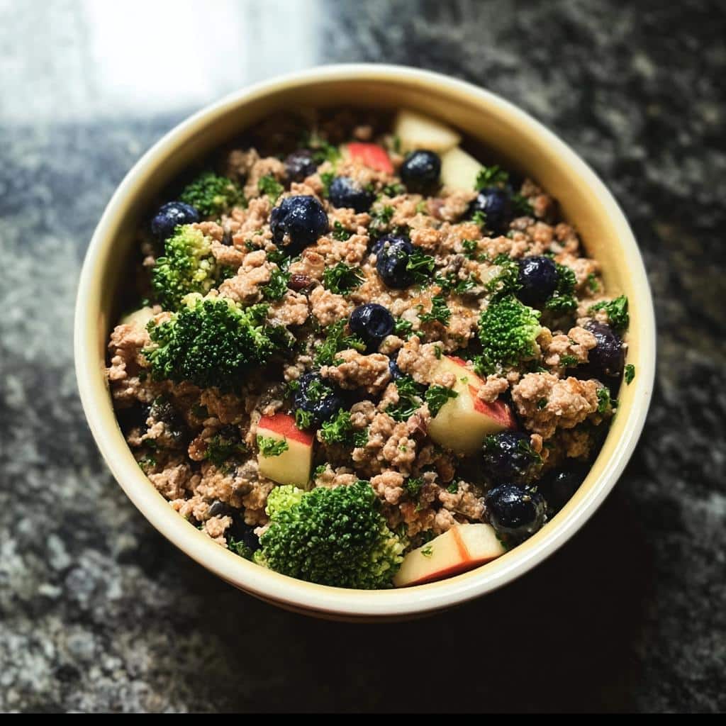 A close-up of a Holiday Leftover Turkey Bowl featuring ground meat, broccoli florets, blueberries, and apple chunks.