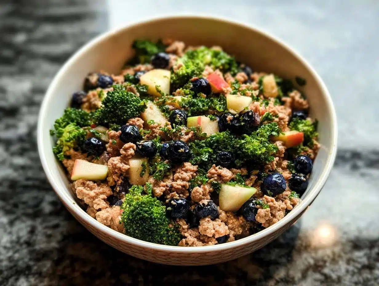 Close-up of a Holiday Leftover Turkey Bowl featuring ground turkey, blueberries, apple chunks, and bright green kale.