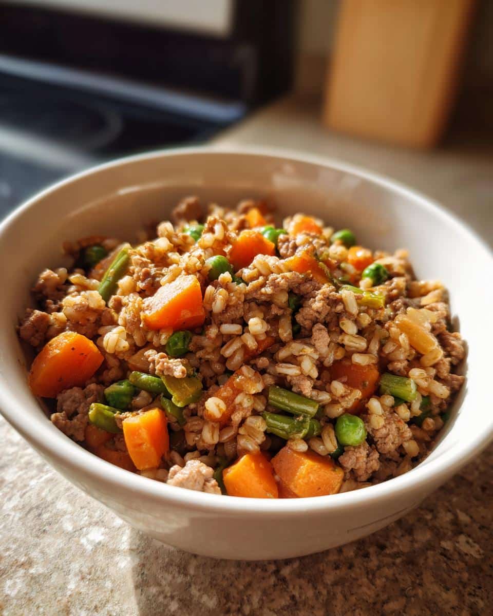 A white bowl filled with Lamb Barley Simple Dog Dish, featuring ground lamb, barley, carrots, and peas.