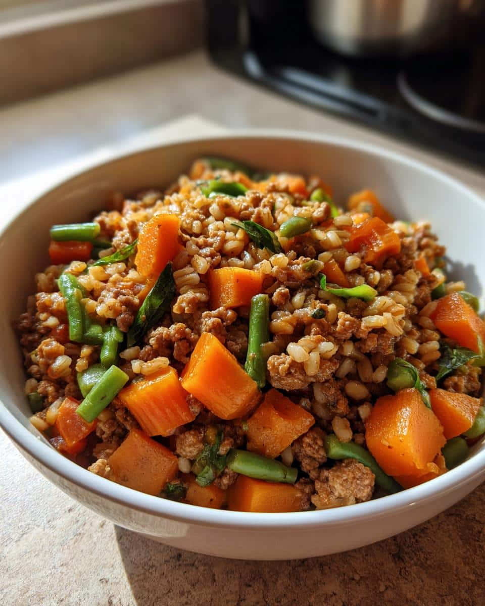 A white bowl filled with Lamb Barley Simple Dog Dish featuring ground lamb, barley, diced sweet potato, and green beans.