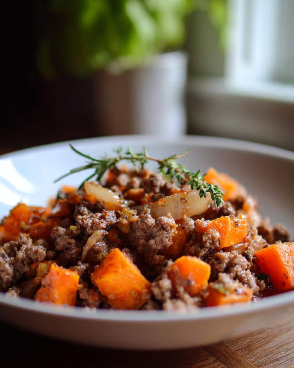Close-up of a bowl containing a Lamb Carrot Grain-Free Supper with ground lamb, bright orange sweet potato chunks, and onion, garnished with rosemary.