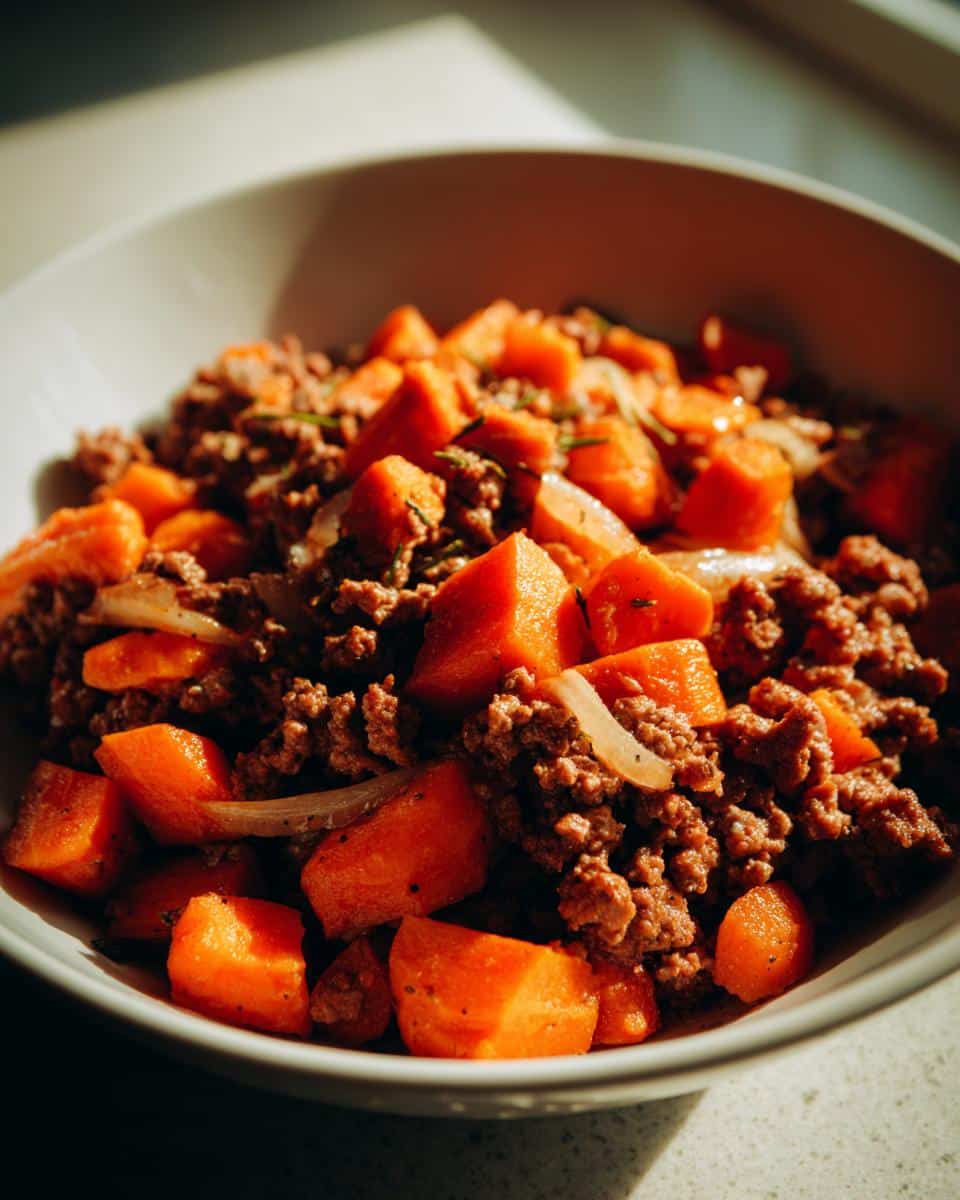 Close-up of a white bowl filled with ground lamb, diced carrots, and onions, representing the Lamb Carrot Grain-Free Supper.